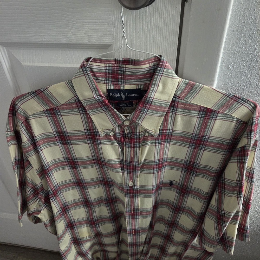 Ralph Lauren Men's Cream and Red Plaid Shirt Vintage Mens L